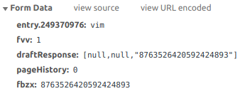 The submitted form data as shown in the network tab